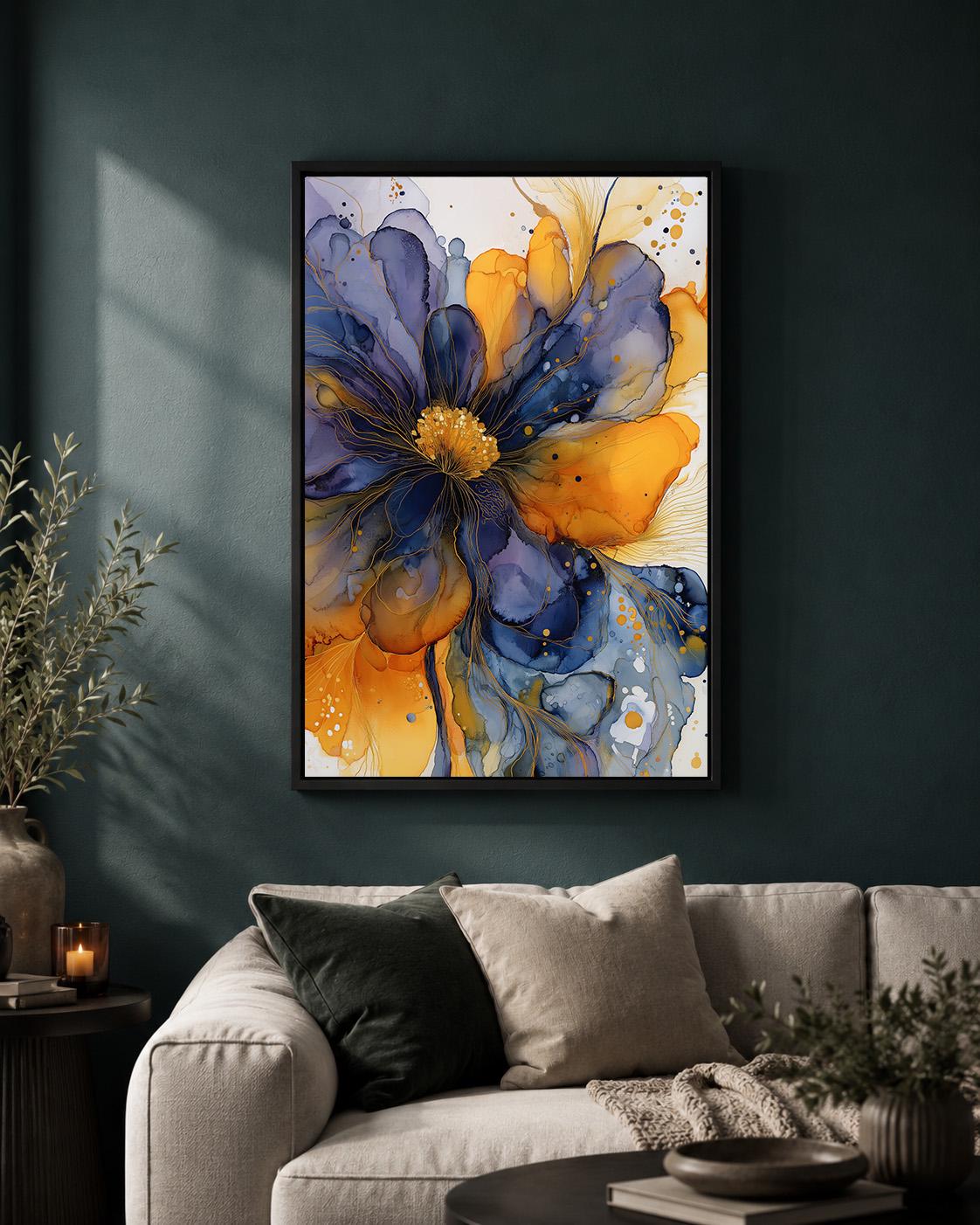 Blue Gold Abstract Floral Framed Canvas Art, Modern Alcohol Ink Flower Print, Botanical Decor by The Wall Art Studio - phy...