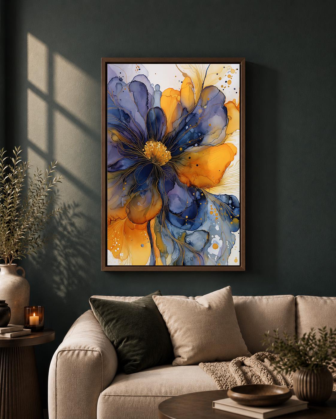 Blue Gold Abstract Floral Framed Canvas Art, Modern Alcohol Ink Flower Print, Botanical Decor by The Wall Art Studio - phy...