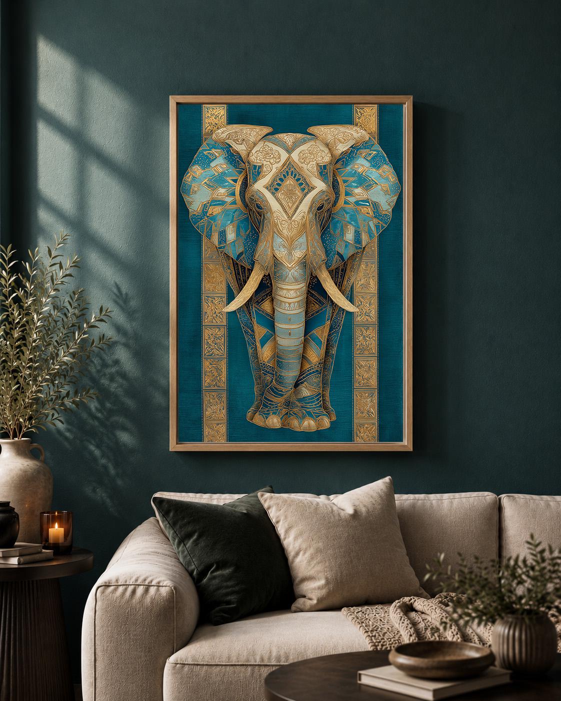 Blue Gold Elephant Framed Canvas Art, Teal Boho Animal Wall Decor by The Wall Art Studio - physical
