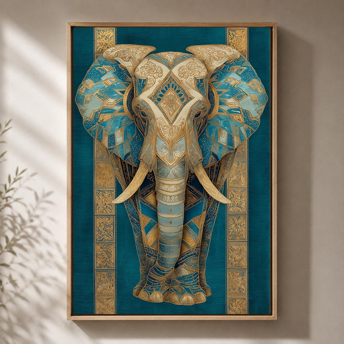 Blue Gold Elephant Framed Canvas Art, Teal Boho Animal Wall Decor by The Wall Art Studio - physical