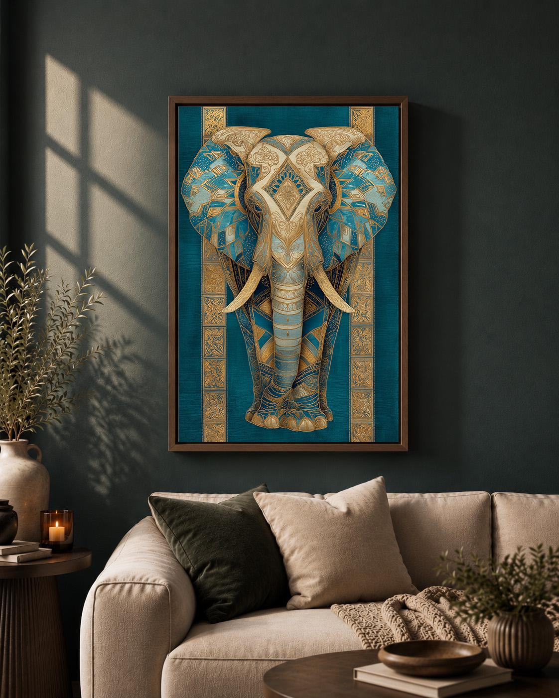 Blue Gold Elephant Framed Canvas Art, Teal Boho Animal Wall Decor by The Wall Art Studio - physical