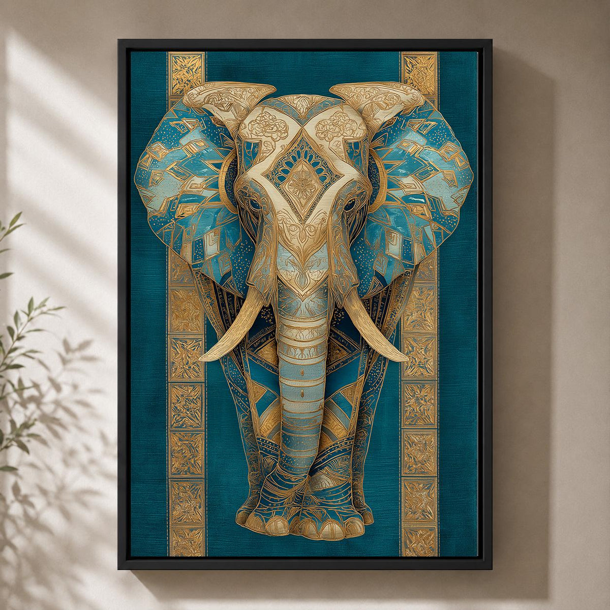 Blue Gold Elephant Framed Canvas Art, Teal Boho Animal Wall Decor by The Wall Art Studio - physical