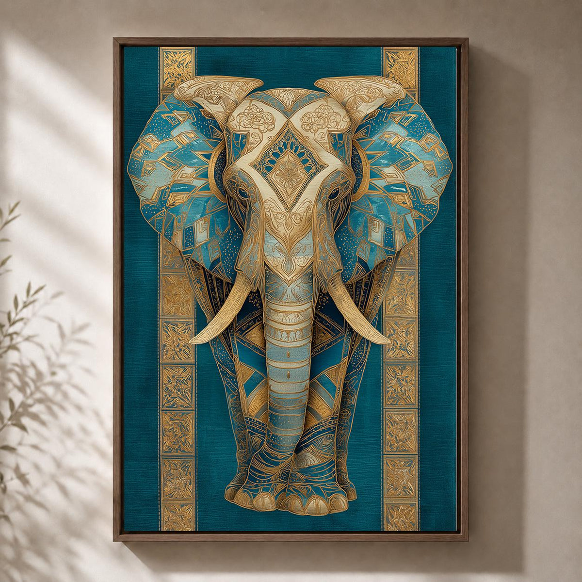 Blue Gold Elephant Framed Canvas Art, Teal Boho Animal Wall Decor by The Wall Art Studio - physical