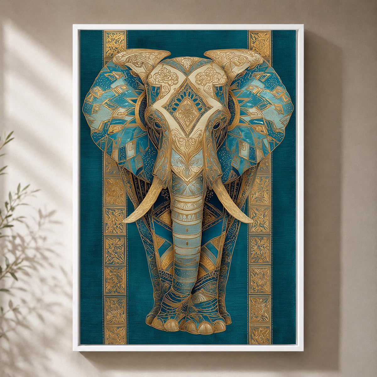 Blue Gold Elephant Framed Canvas Art, Teal Boho Animal Wall Decor by The Wall Art Studio - physical