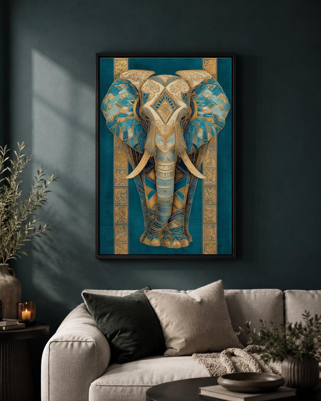 Blue Gold Elephant Framed Canvas Art, Teal Boho Animal Wall Decor by The Wall Art Studio - physical