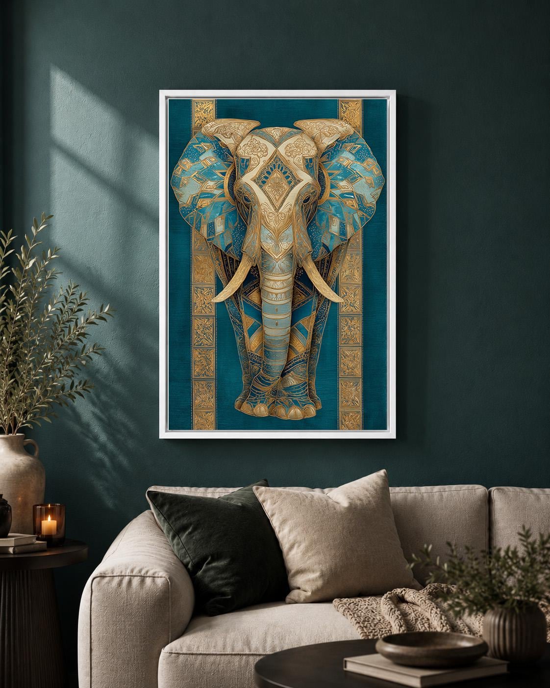 Blue Gold Elephant Framed Canvas Art, Teal Boho Animal Wall Decor by The Wall Art Studio - physical