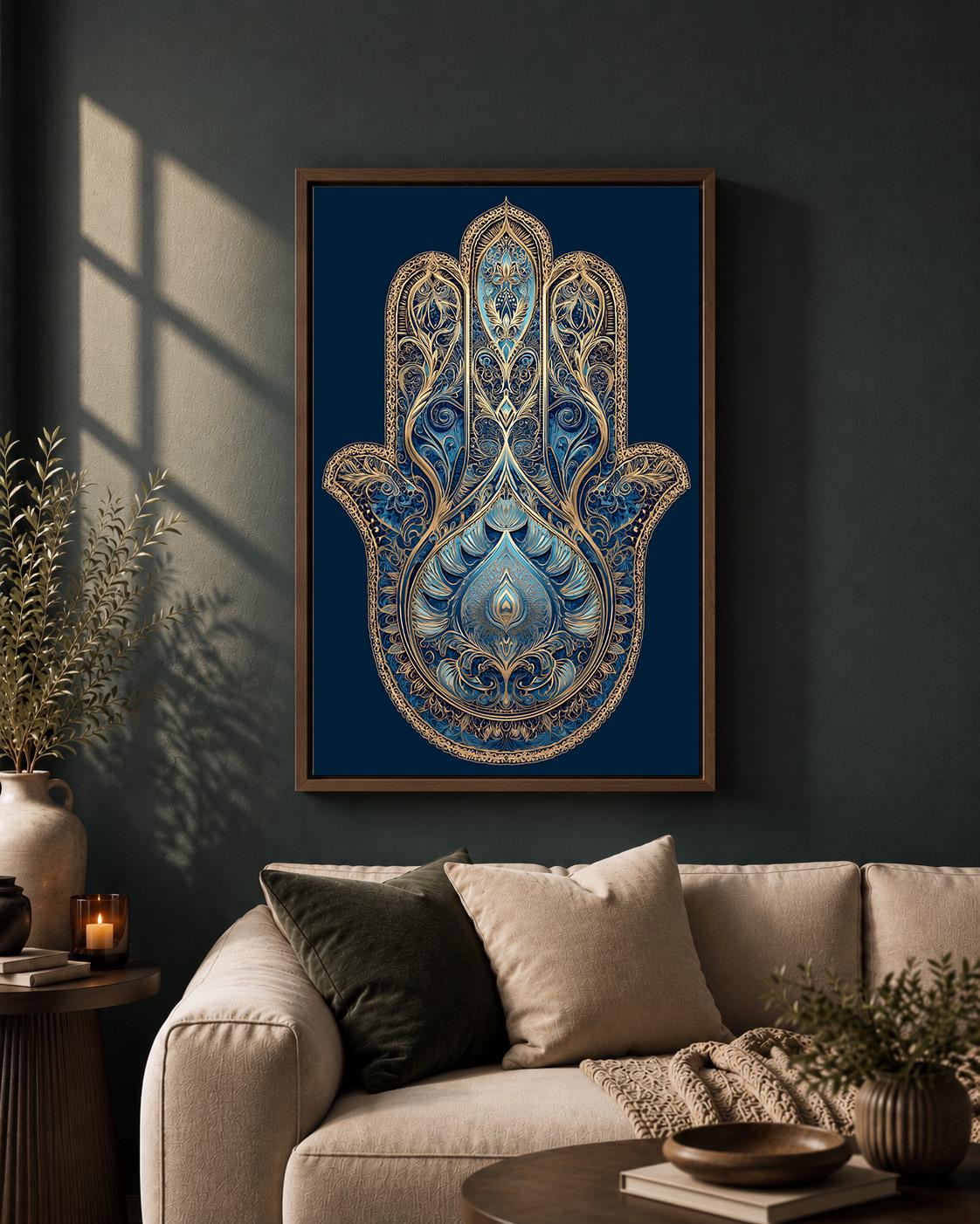 Blue Hamsa Hand Framed Canvas Art, Boho Spiritual Decor, Evil Eye Protection, Moroccan Style by The Wall Art Studio - phys...