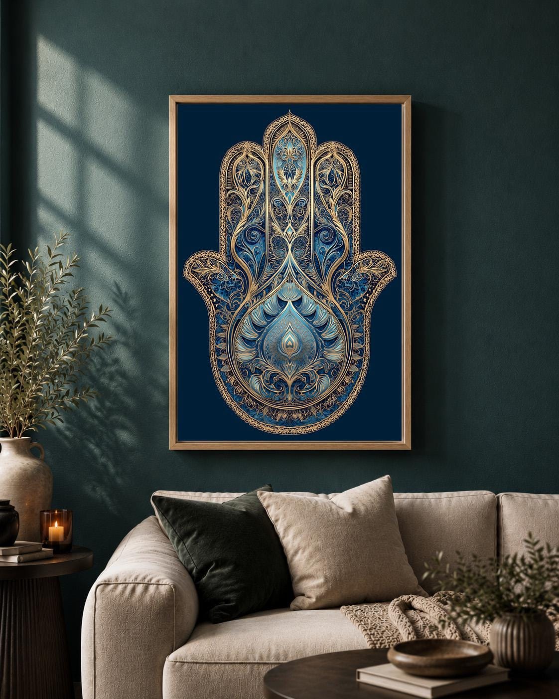 Blue Hamsa Hand Framed Canvas Art, Boho Spiritual Decor, Evil Eye Protection, Moroccan Style by The Wall Art Studio - phys...