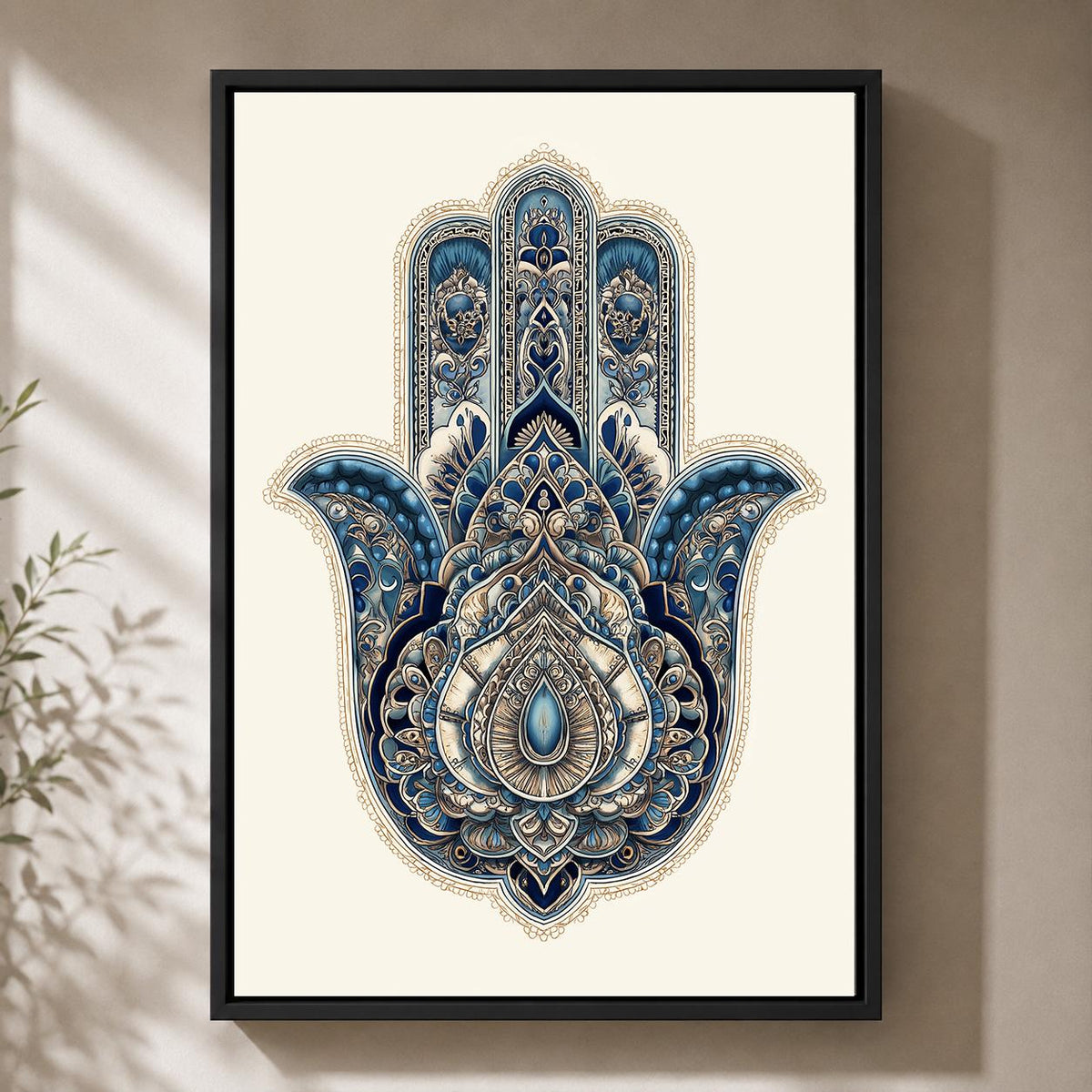 Blue Hamsa Hand Framed Canvas Art, Boho Spiritual Decor, Evil Eye Protection, Moroccan Style by The Wall Art Studio - phys...