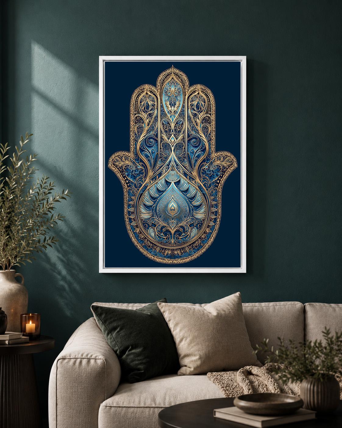 Blue Hamsa Hand Framed Canvas Art, Boho Spiritual Decor, Evil Eye Protection, Moroccan Style by The Wall Art Studio - phys...