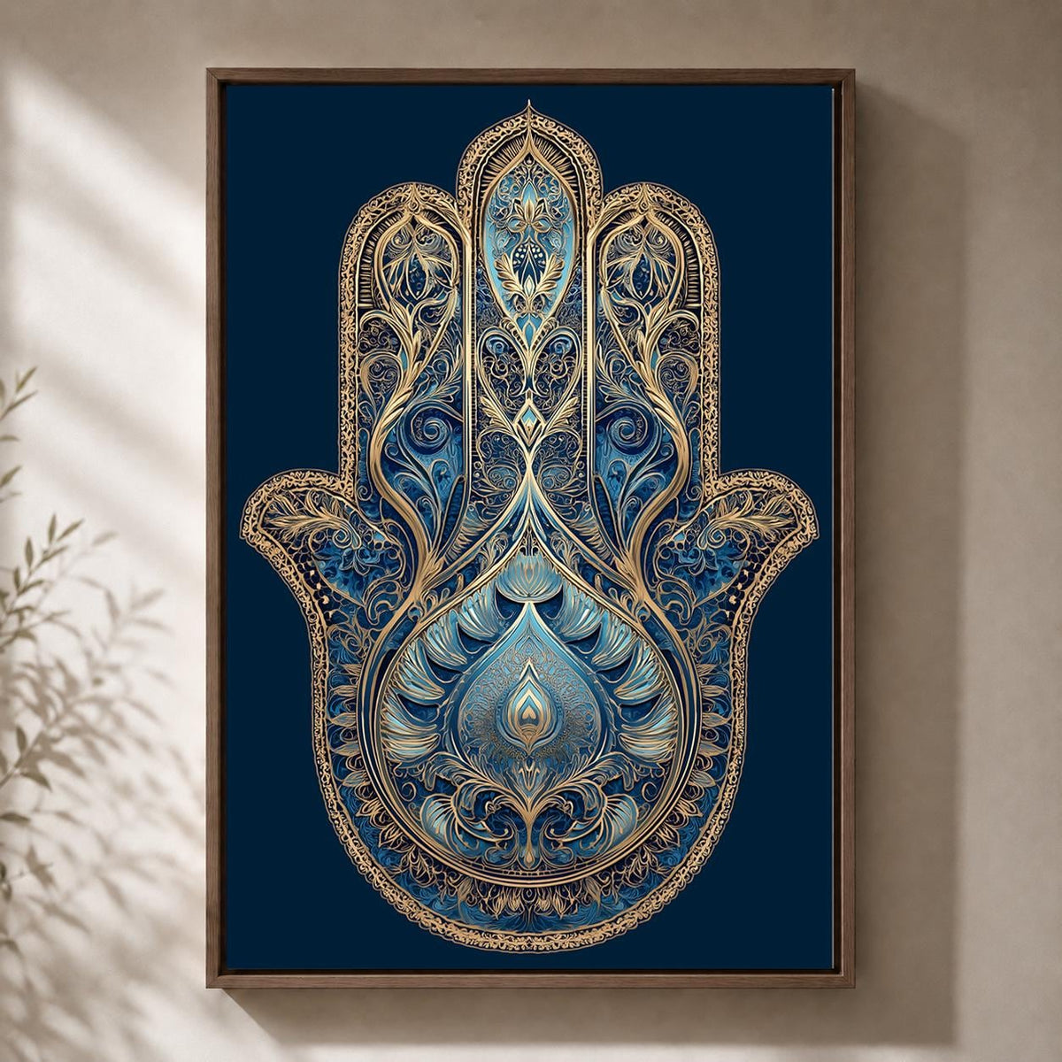 Blue Hamsa Hand Framed Canvas Art, Boho Spiritual Decor, Evil Eye Protection, Moroccan Style by The Wall Art Studio - phys...