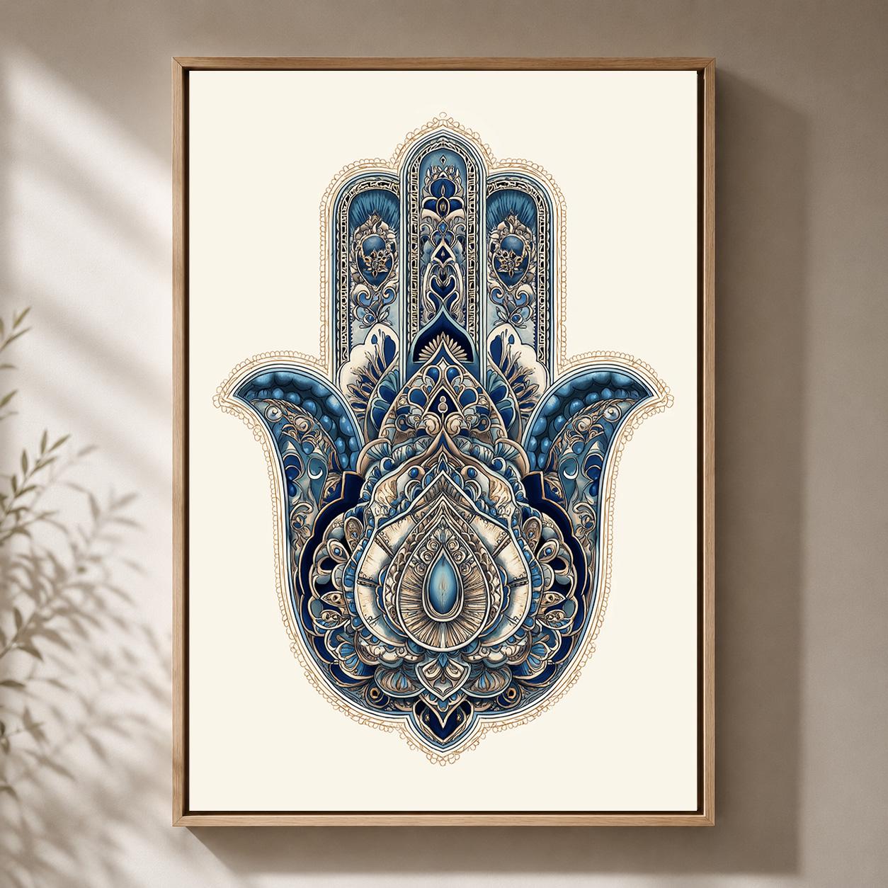 Blue Hamsa Hand Framed Canvas Art, Boho Spiritual Decor, Evil Eye Protection, Moroccan Style by The Wall Art Studio - phys...