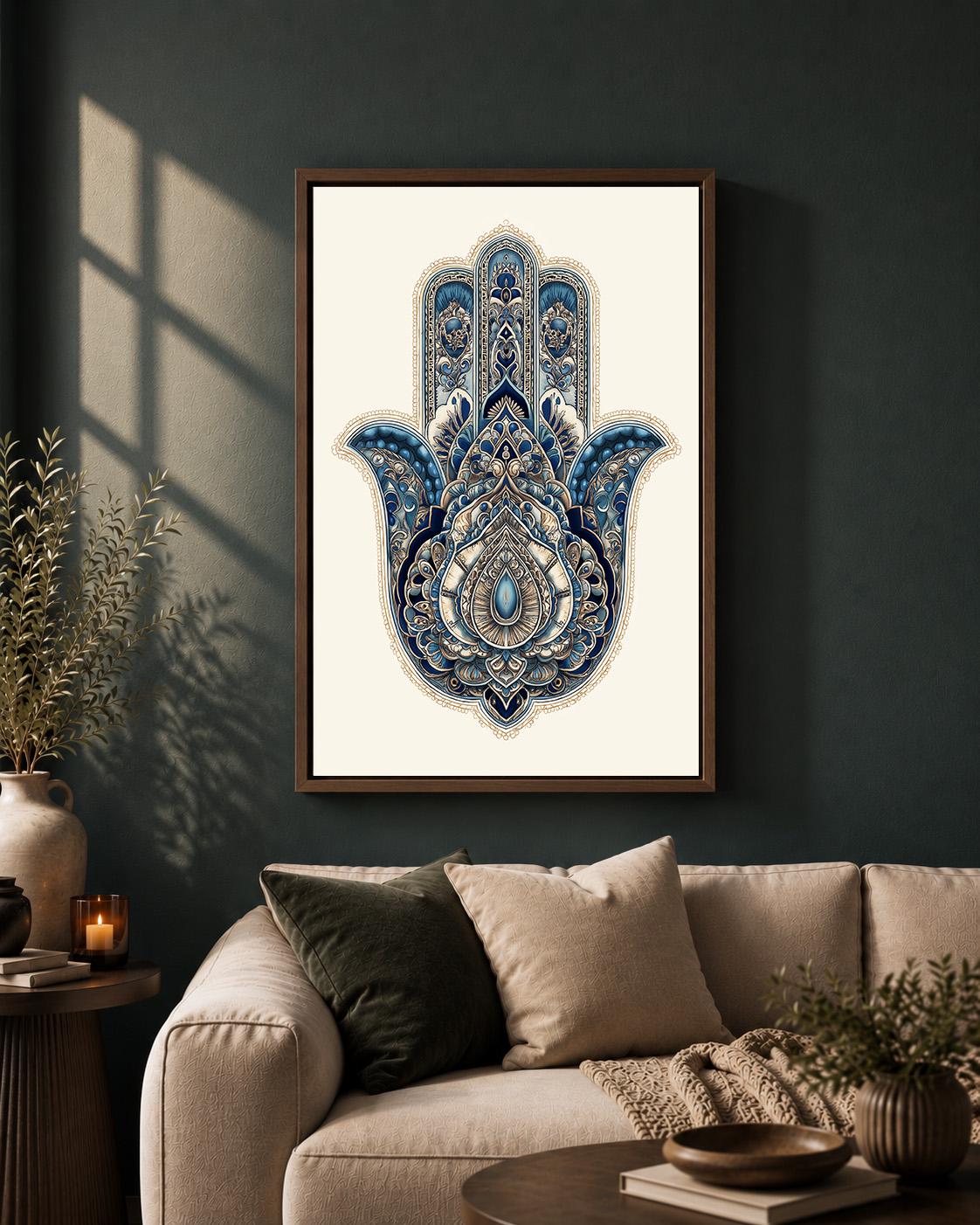 Blue Hamsa Hand Framed Canvas Art, Boho Spiritual Decor, Evil Eye Protection, Moroccan Style by The Wall Art Studio - phys...