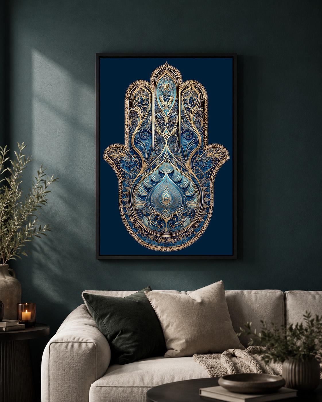 Blue Hamsa Hand Framed Canvas Art, Boho Spiritual Decor, Evil Eye Protection, Moroccan Style by The Wall Art Studio - phys...