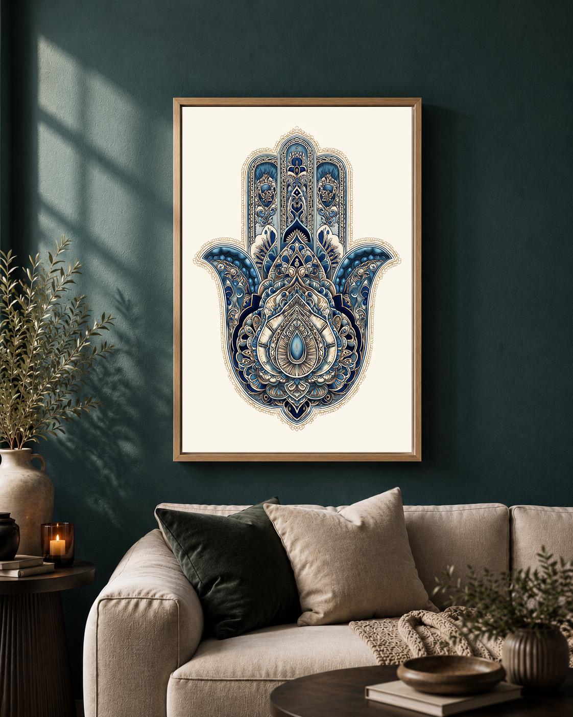 Blue Hamsa Hand Framed Canvas Art, Boho Spiritual Decor, Evil Eye Protection, Moroccan Style by The Wall Art Studio - phys...