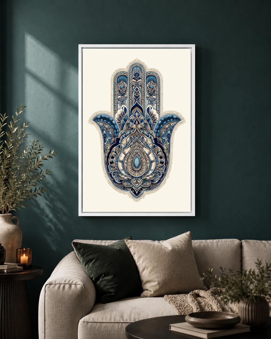 Blue Hamsa Hand Framed Canvas Art, Boho Spiritual Decor, Evil Eye Protection, Moroccan Style by The Wall Art Studio - phys...