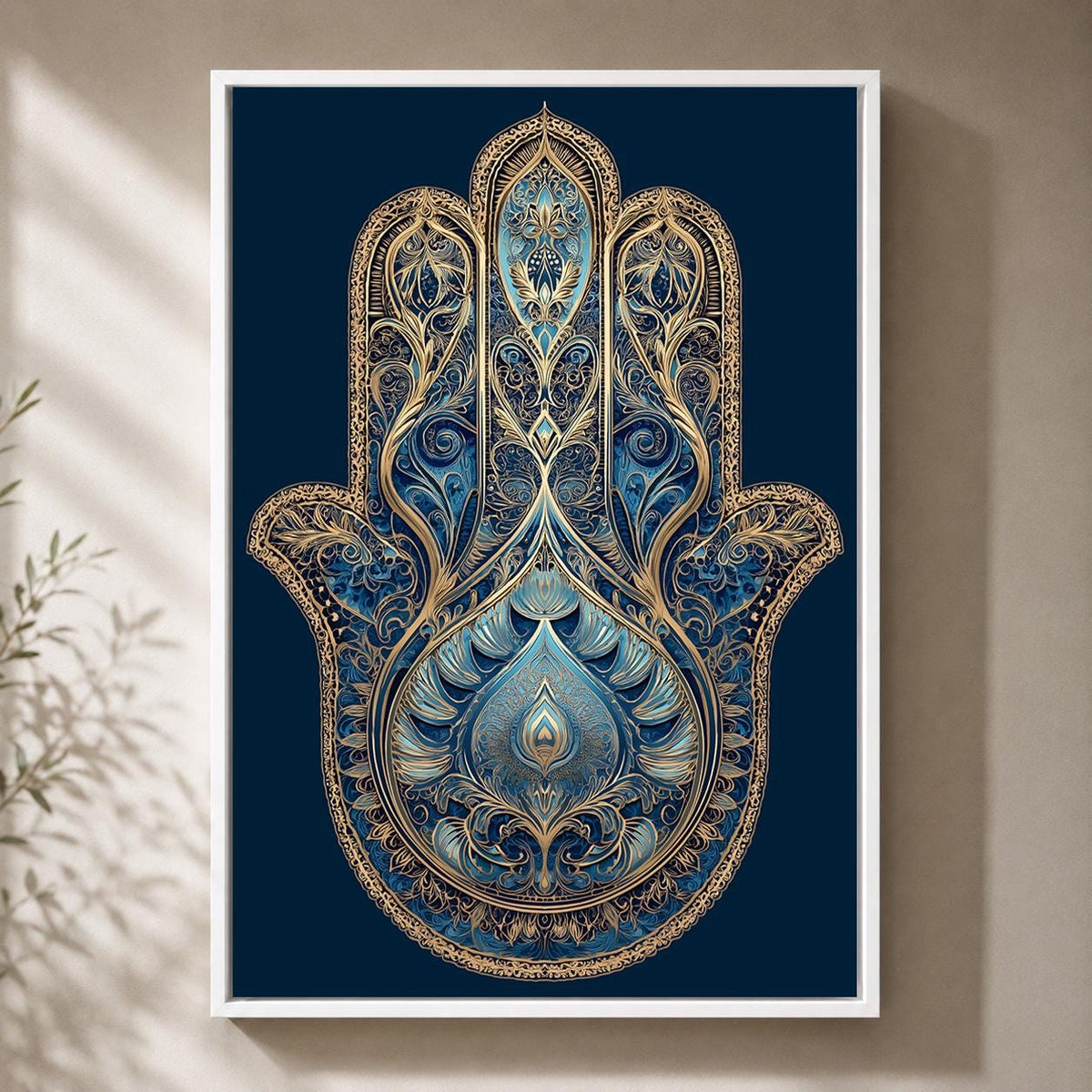 Blue Hamsa Hand Framed Canvas Art, Boho Spiritual Decor, Evil Eye Protection, Moroccan Style by The Wall Art Studio - phys...