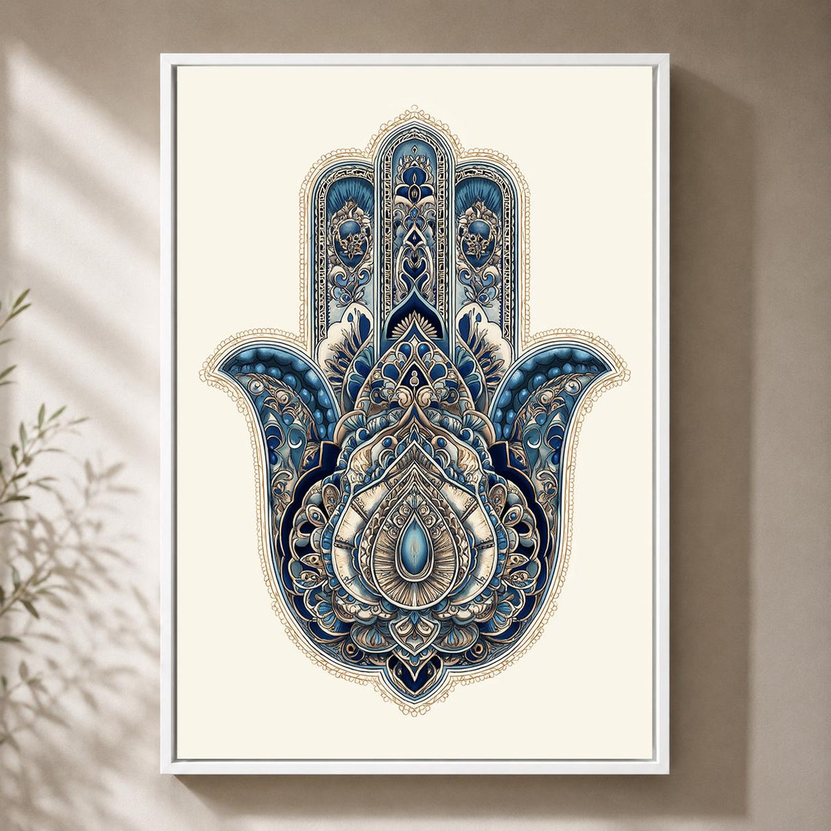 Blue Hamsa Hand Framed Canvas Art, Boho Spiritual Decor, Evil Eye Protection, Moroccan Style by The Wall Art Studio - phys...