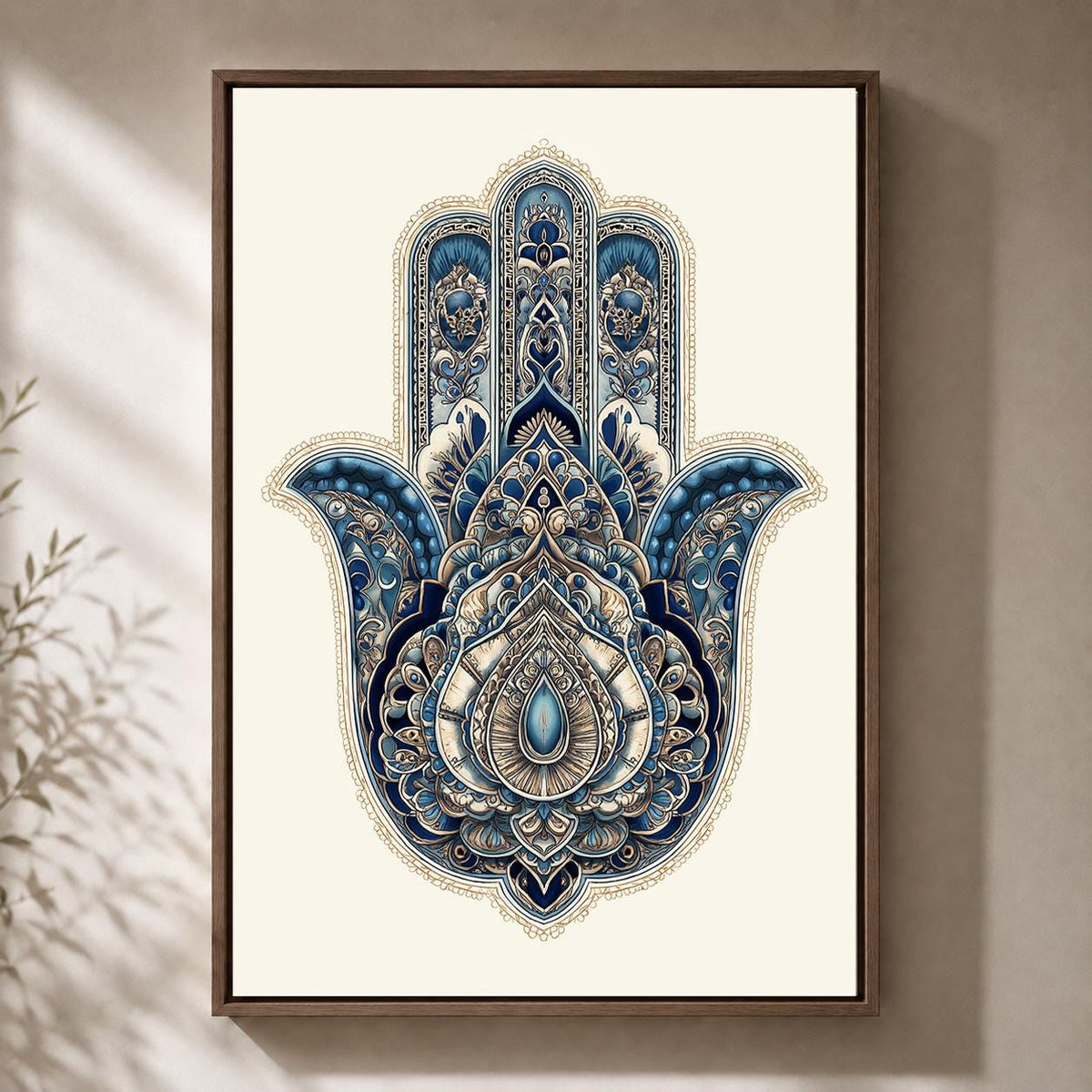 Blue Hamsa Hand Framed Canvas Art, Boho Spiritual Decor, Evil Eye Protection, Moroccan Style by The Wall Art Studio - phys...