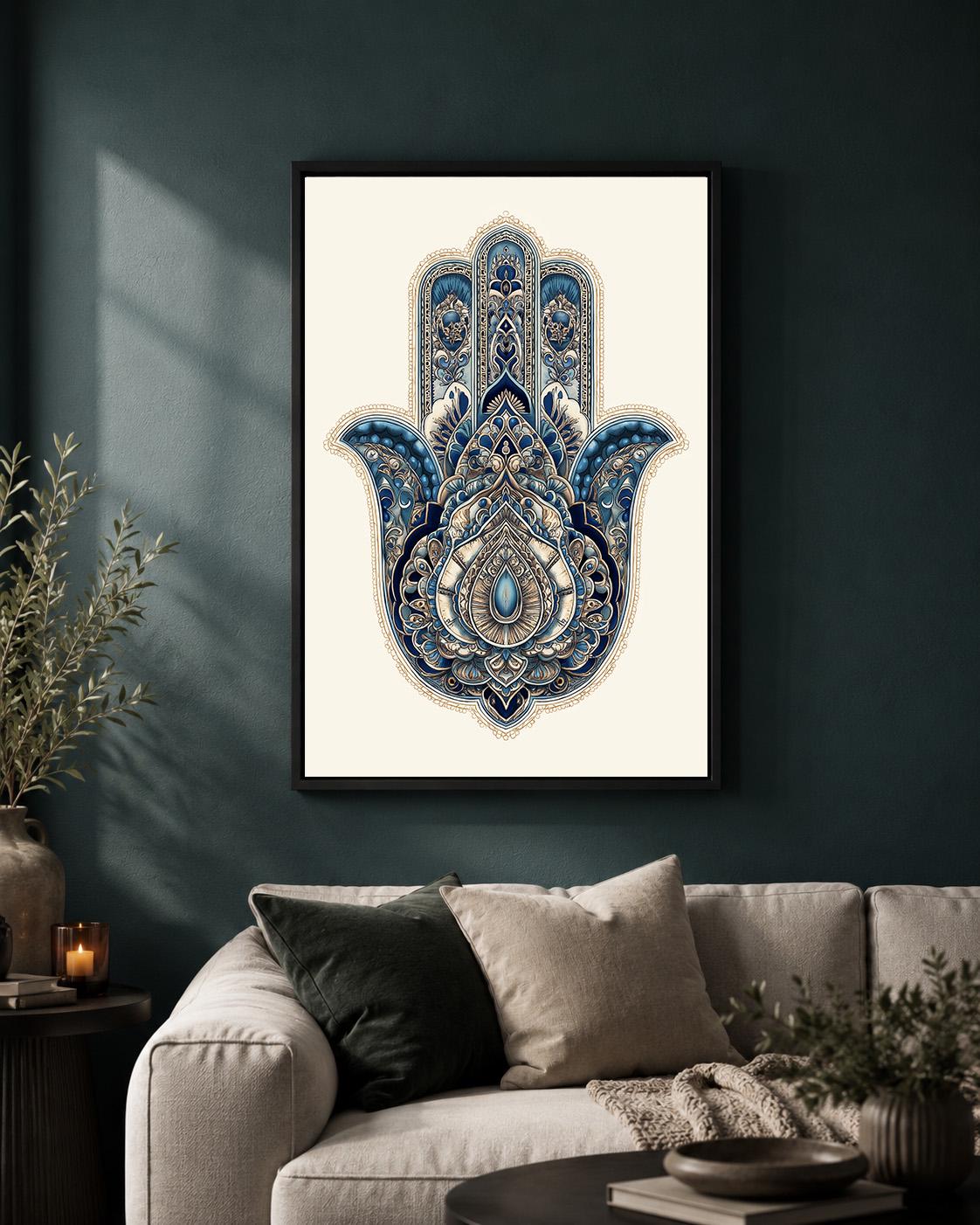 Blue Hamsa Hand Framed Canvas Art, Boho Spiritual Decor, Evil Eye Protection, Moroccan Style by The Wall Art Studio - phys...