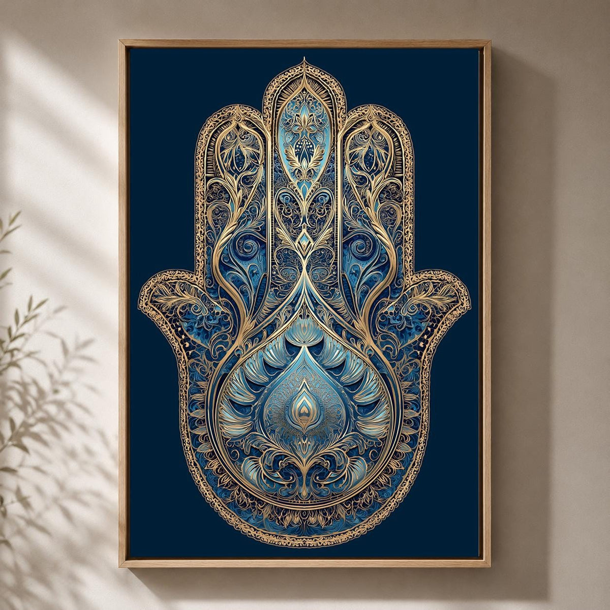 Blue Hamsa Hand Framed Canvas Art, Boho Spiritual Decor, Evil Eye Protection, Moroccan Style by The Wall Art Studio - phys...
