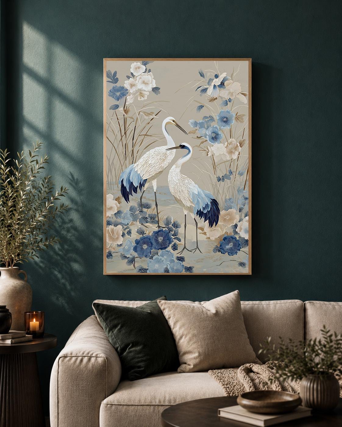 Blue Heron Chinoiserie Framed Canvas Art, Vintage Floral Bird Print, Coastal Cottagecore Decor by The Wall Art Studio - ph...