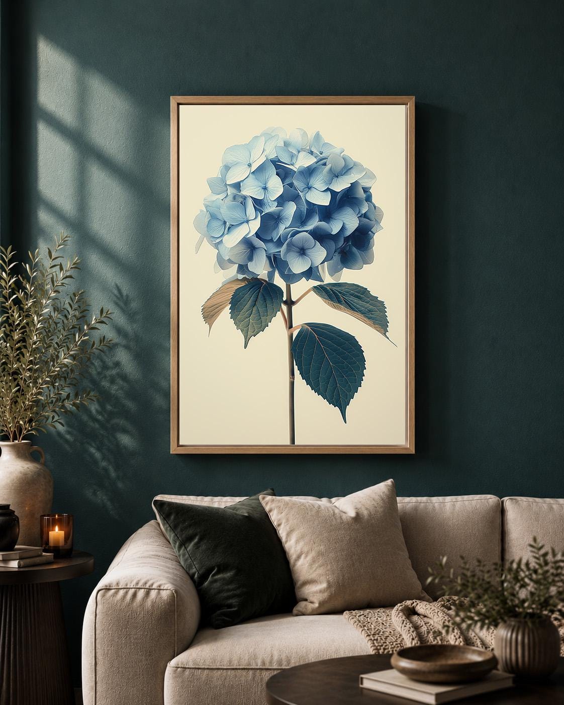 Blue Hydrangea Framed Canvas Art, Botanical Floral Print, Cottagecore Decor by The Wall Art Studio - physical
