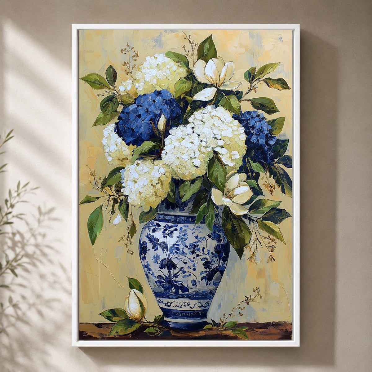 Blue Hydrangea Framed Canvas Wall Art, Chinoiserie Vase Print, Vintage Magnolia Painting, Cottagecore Decor by The Wall Ar...