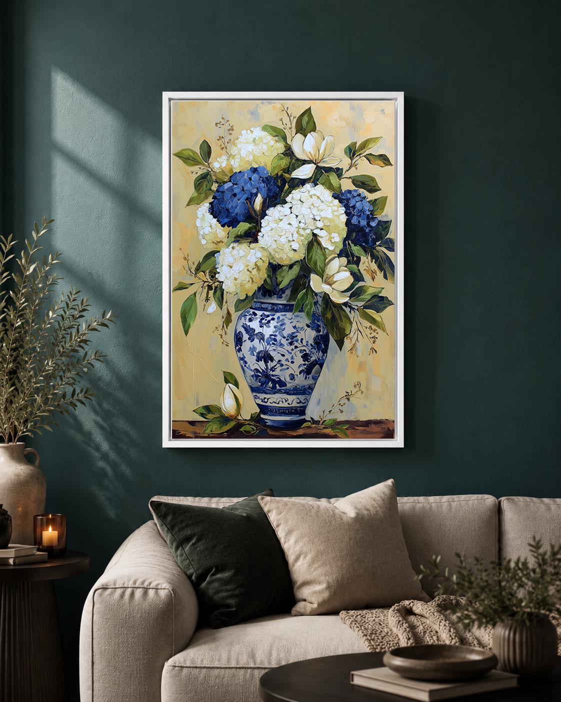 Blue Hydrangea Framed Canvas Wall Art, Chinoiserie Vase Print, Vintage Magnolia Painting, Cottagecore Decor by The Wall Ar...