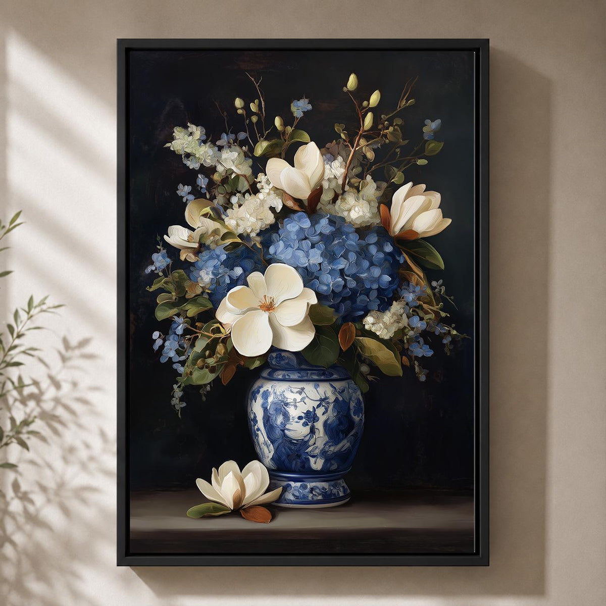 Blue Hydrangea & Magnolia Framed Canvas Wall Art, Chinoiserie Floral Vase Print, Elegant Botanical Home Decor by The Wall...