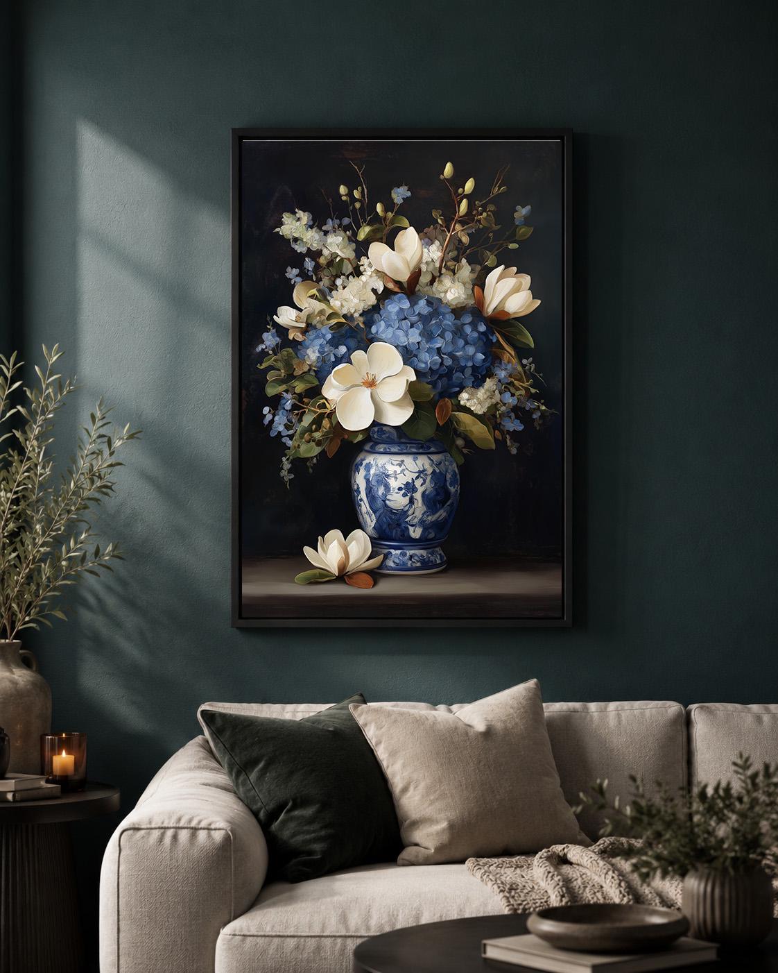 Blue Hydrangea & Magnolia Framed Canvas Wall Art, Chinoiserie Floral Vase Print, Elegant Botanical Home Decor by The Wall...