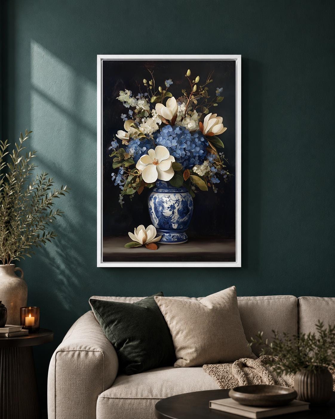 Blue Hydrangea & Magnolia Framed Canvas Wall Art, Chinoiserie Floral Vase Print, Elegant Botanical Home Decor by The Wall...