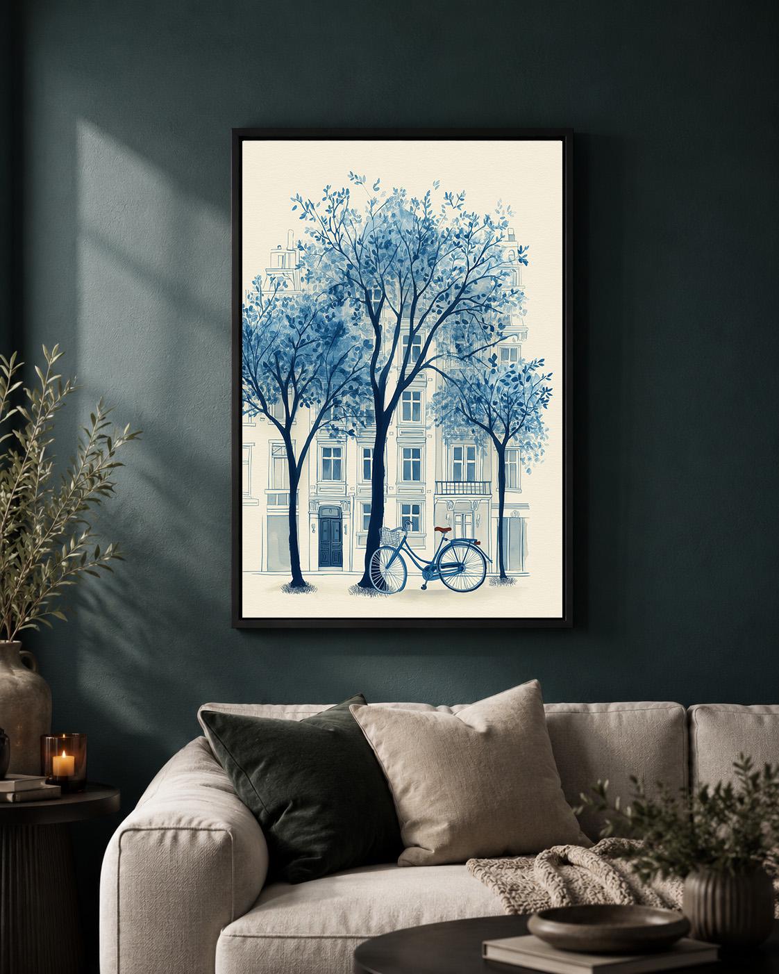 Blue Paris Bicycle Chinoiserie Framed Canvas Print, French Street European Cityscape Decor by The Wall Art Studio - physical