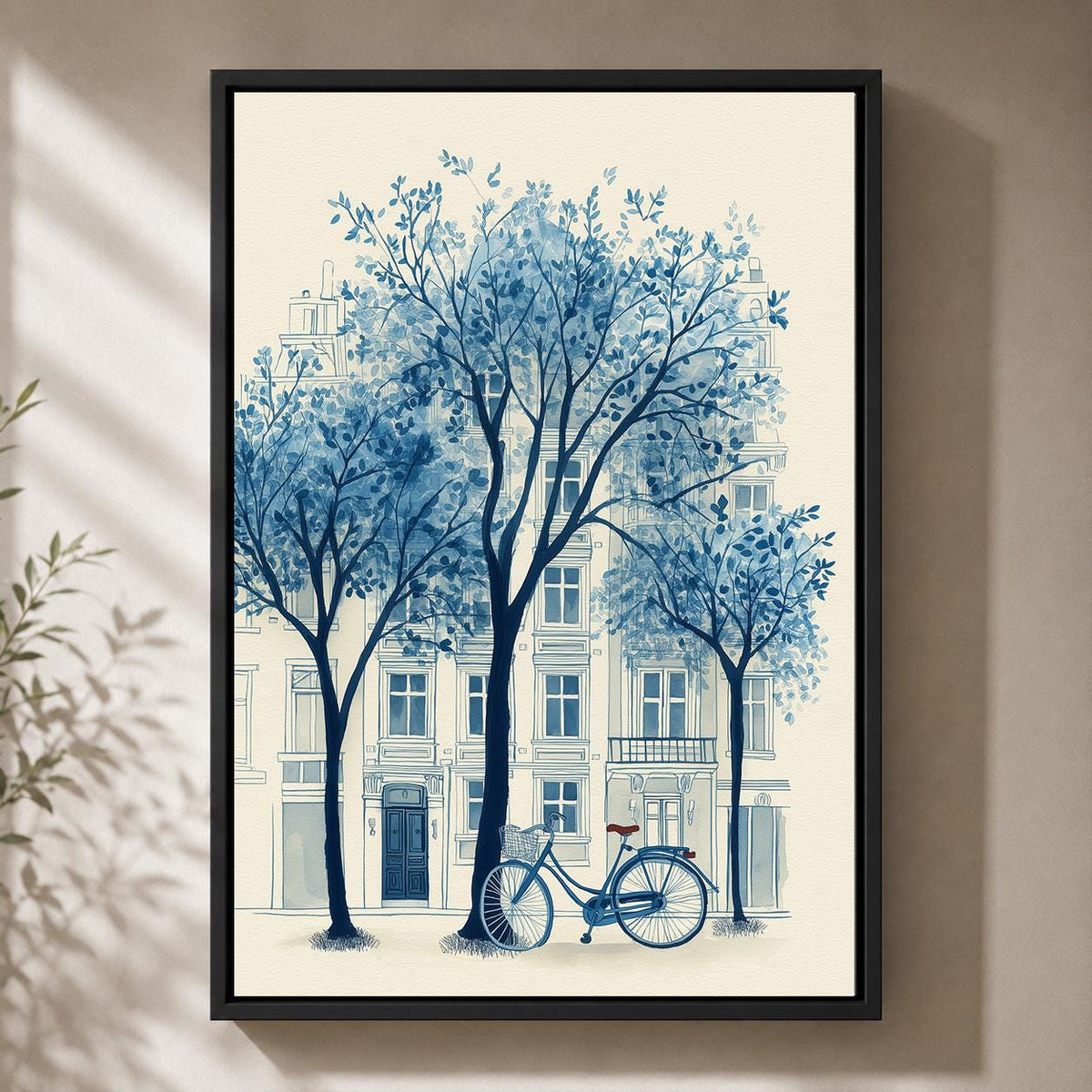 Blue Paris Bicycle Chinoiserie Framed Canvas Print, French Street European Cityscape Decor by The Wall Art Studio - physical