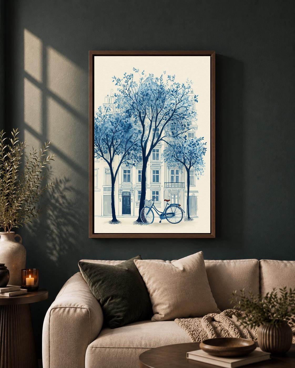 Blue Paris Bicycle Chinoiserie Framed Canvas Print, French Street European Cityscape Decor by The Wall Art Studio - physical