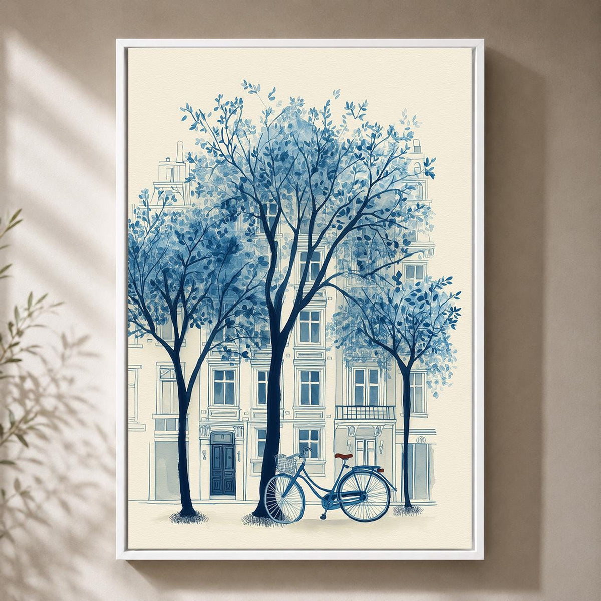 Blue Paris Bicycle Chinoiserie Framed Canvas Print, French Street European Cityscape Decor by The Wall Art Studio - physical