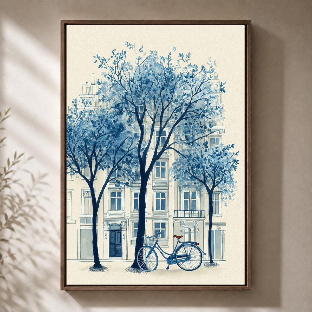 Blue Paris Bicycle Chinoiserie Framed Canvas Print, French Street European Cityscape Decor by The Wall Art Studio - physical