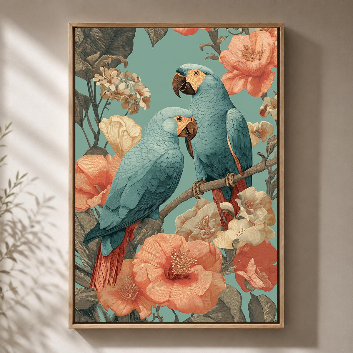 Blue Parrots Tropical Floral Framed Canvas Art Print, Vintage Botanical Wall Decor by The Wall Art Studio - physical
