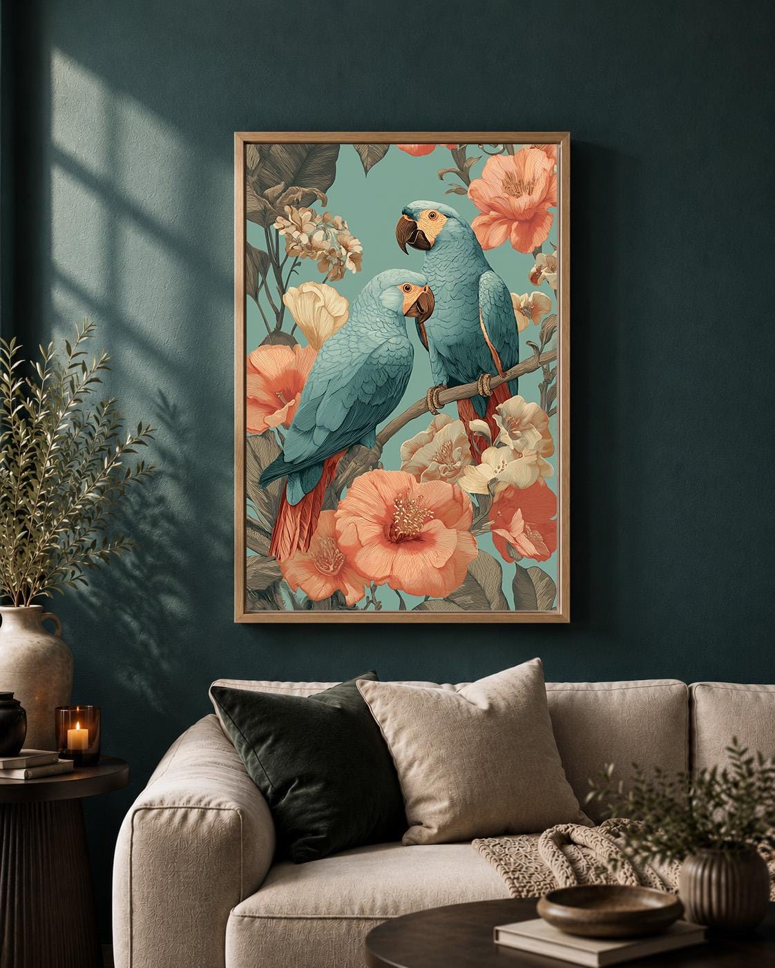 Blue Parrots Tropical Floral Framed Canvas Art Print, Vintage Botanical Wall Decor by The Wall Art Studio - physical