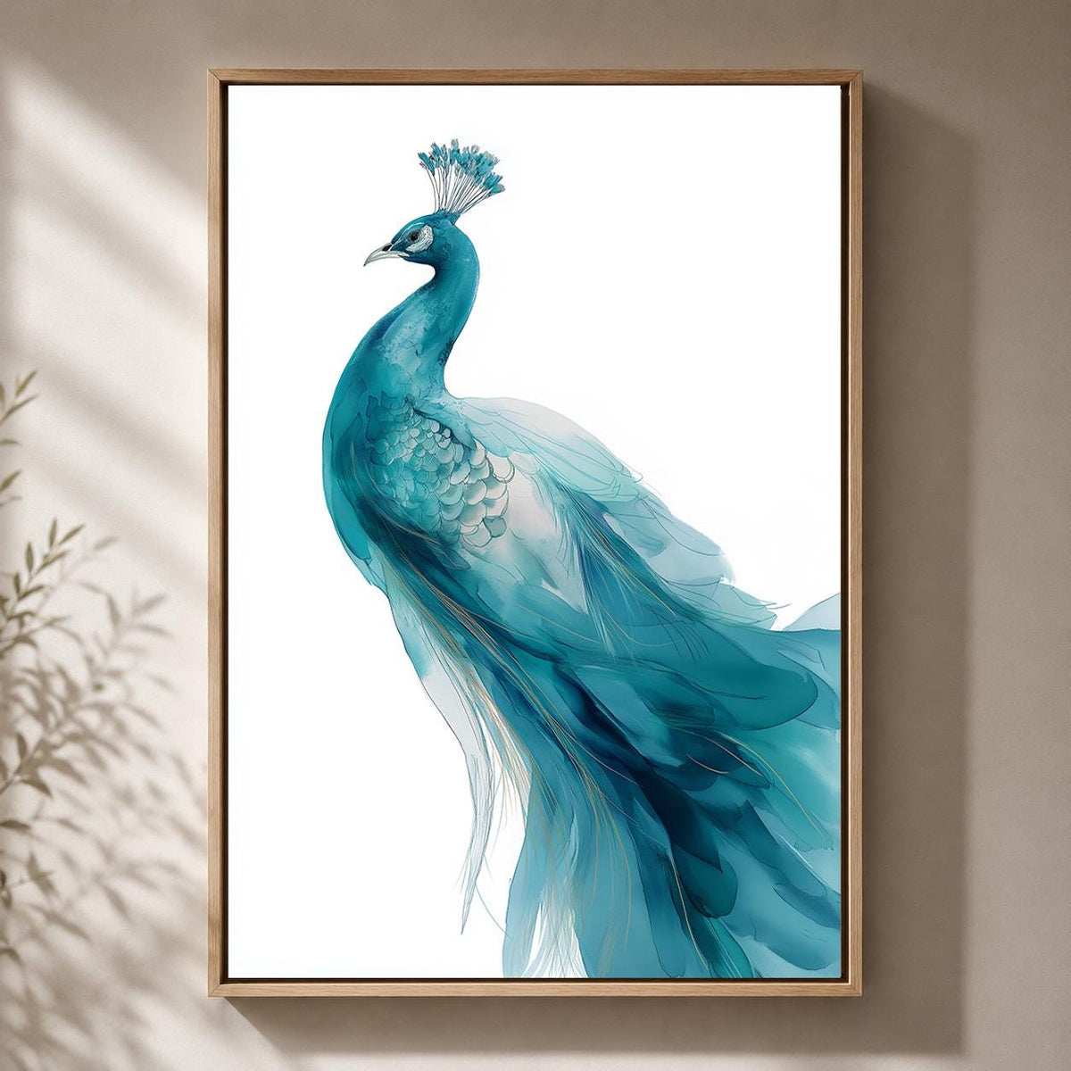 Blue Peacock Framed Canvas Art, Elegant Bird Print, Coastal Home Decor by The Wall Art Studio - physical