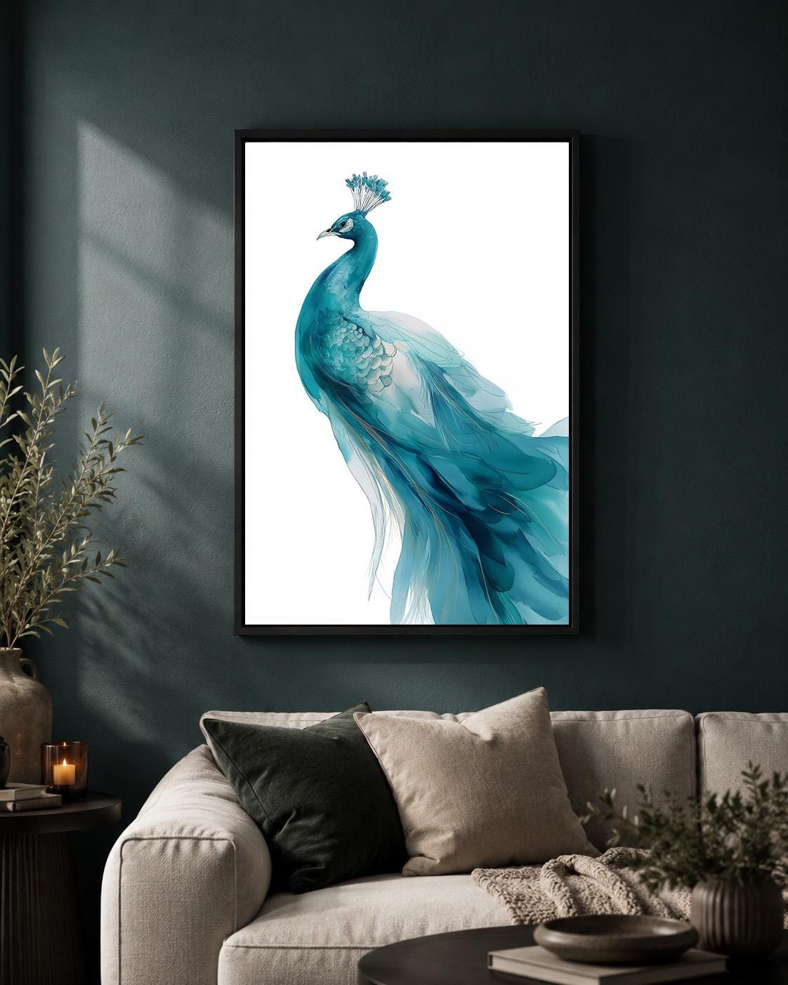Blue Peacock Framed Canvas Art, Elegant Bird Print, Coastal Home Decor by The Wall Art Studio - physical