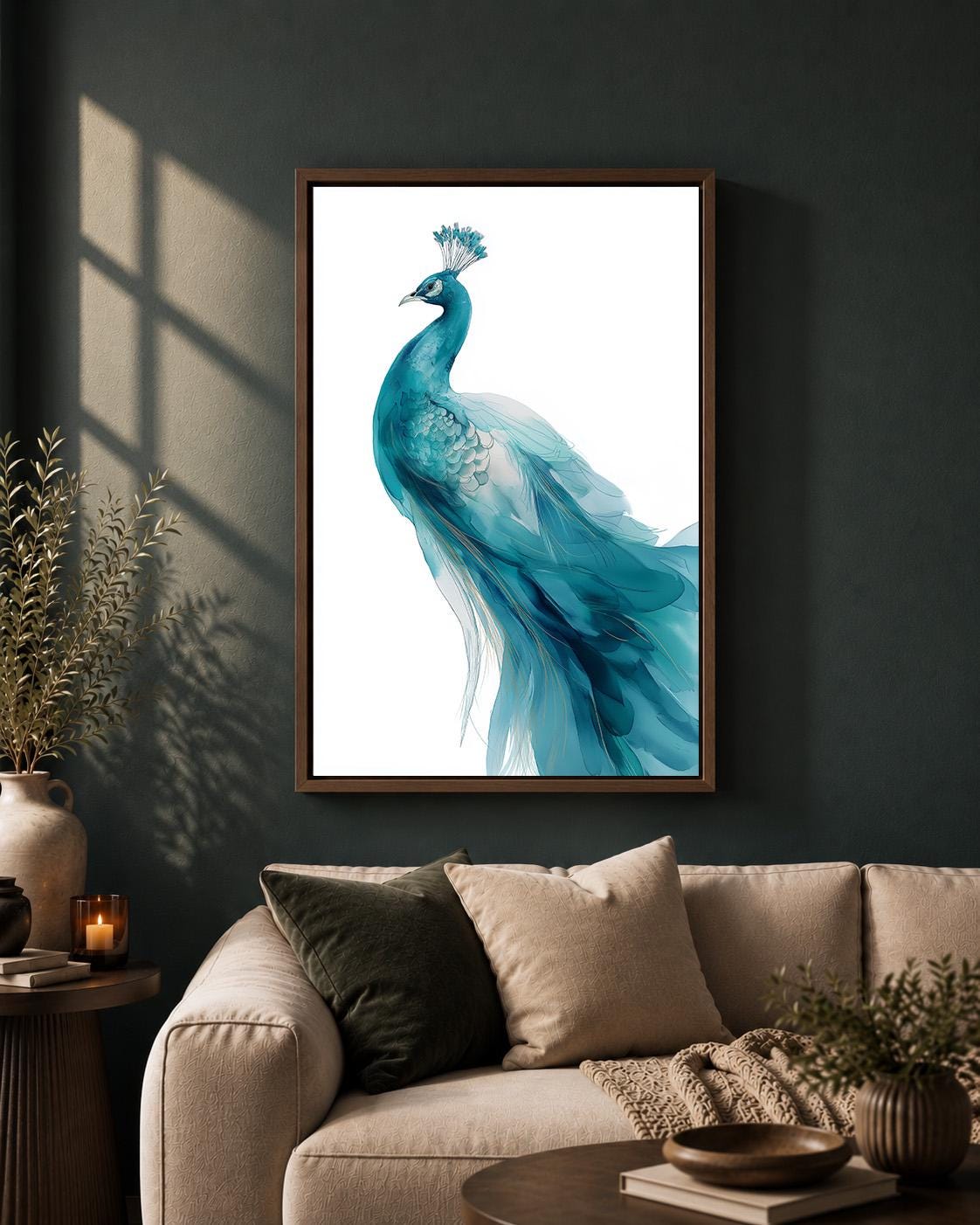 Blue Peacock Framed Canvas Art, Elegant Bird Print, Coastal Home Decor by The Wall Art Studio - physical
