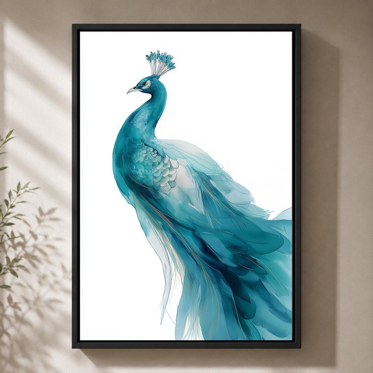 Blue Peacock Framed Canvas Art, Elegant Bird Print, Coastal Home Decor by The Wall Art Studio - physical