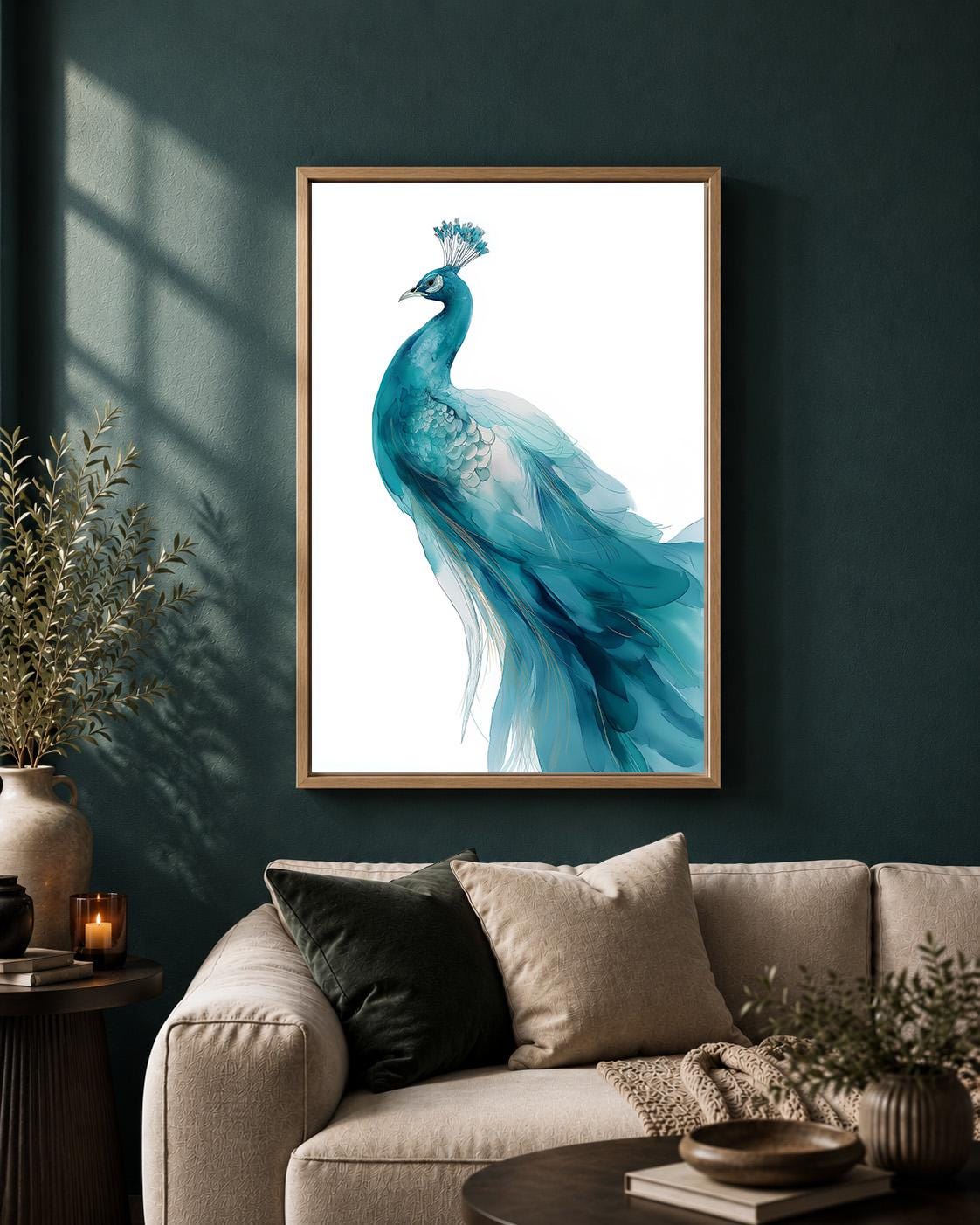 Blue Peacock Framed Canvas Art, Elegant Bird Print, Coastal Home Decor by The Wall Art Studio - physical