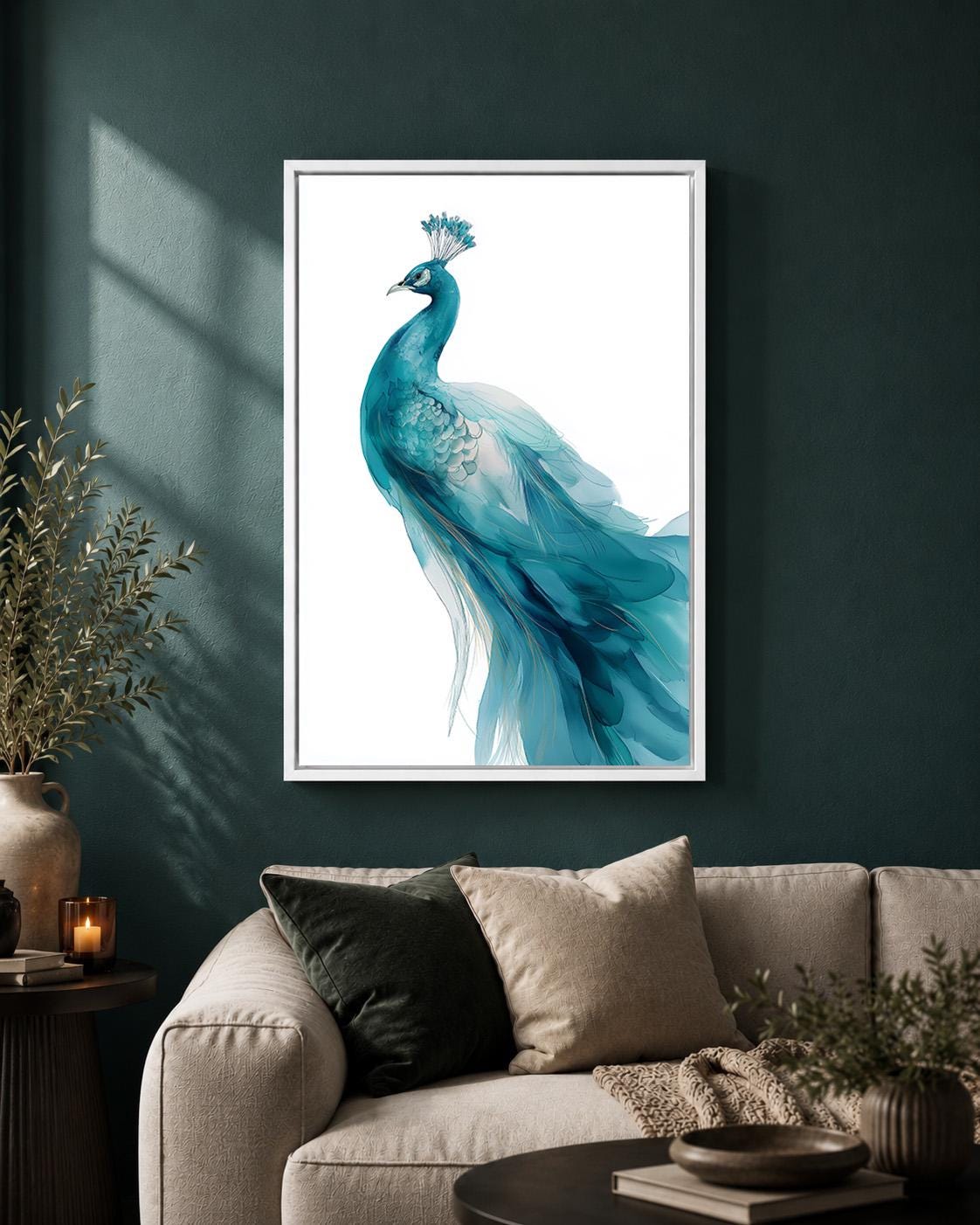 Blue Peacock Framed Canvas Art, Elegant Bird Print, Coastal Home Decor by The Wall Art Studio - physical