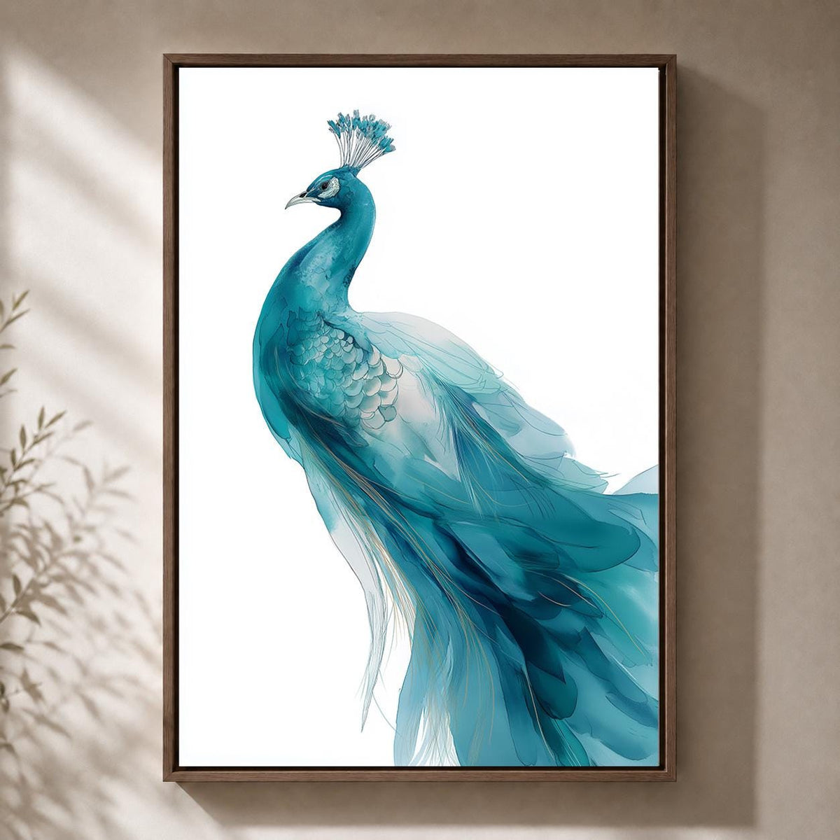 Blue Peacock Framed Canvas Art, Elegant Bird Print, Coastal Home Decor by The Wall Art Studio - physical