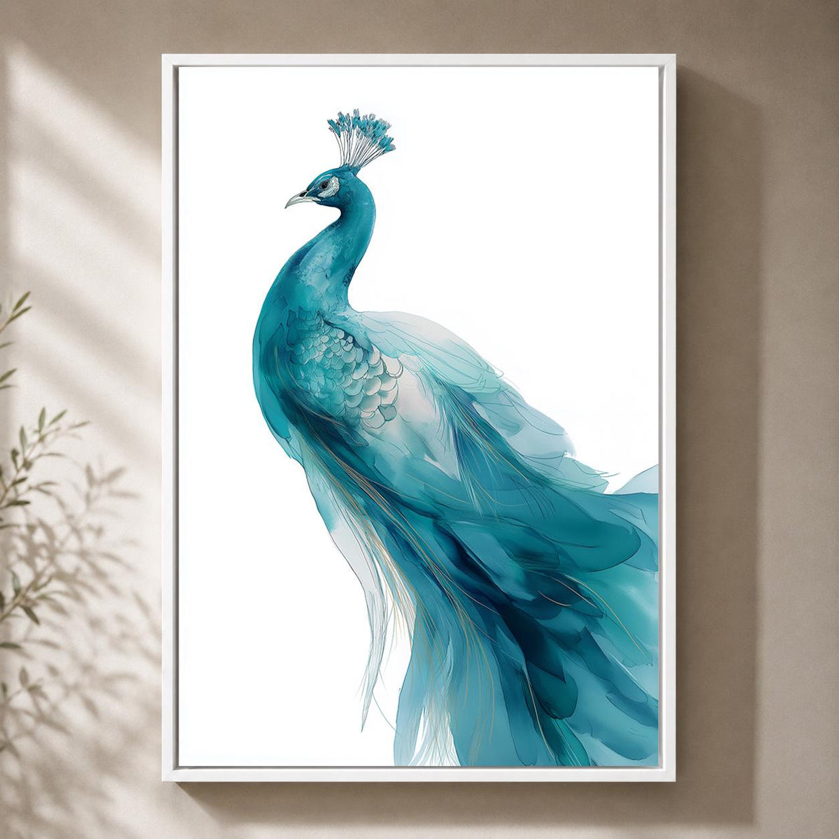 Blue Peacock Framed Canvas Art, Elegant Bird Print, Coastal Home Decor by The Wall Art Studio - physical