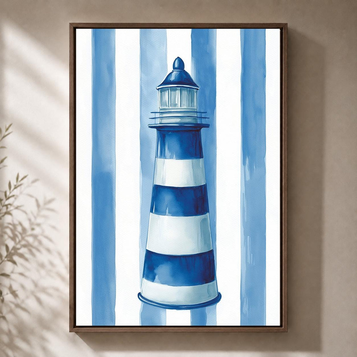 Blue Striped Lighthouse Framed Canvas Art, Coastal Nautical Beach House Decor by The Wall Art Studio - physical