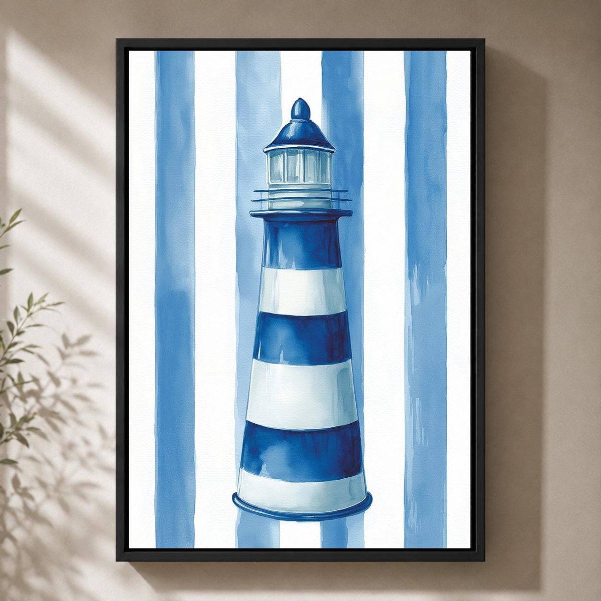 Blue Striped Lighthouse Framed Canvas Art, Coastal Nautical Beach House Decor by The Wall Art Studio - physical