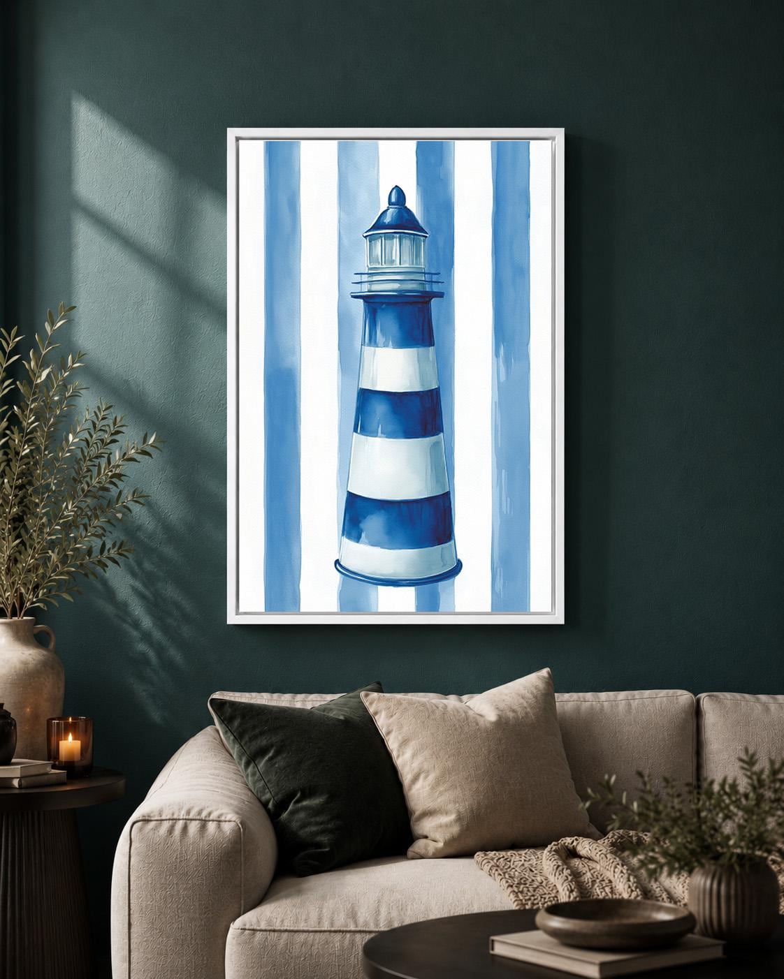 Blue Striped Lighthouse Framed Canvas Art, Coastal Nautical Beach House Decor by The Wall Art Studio - physical